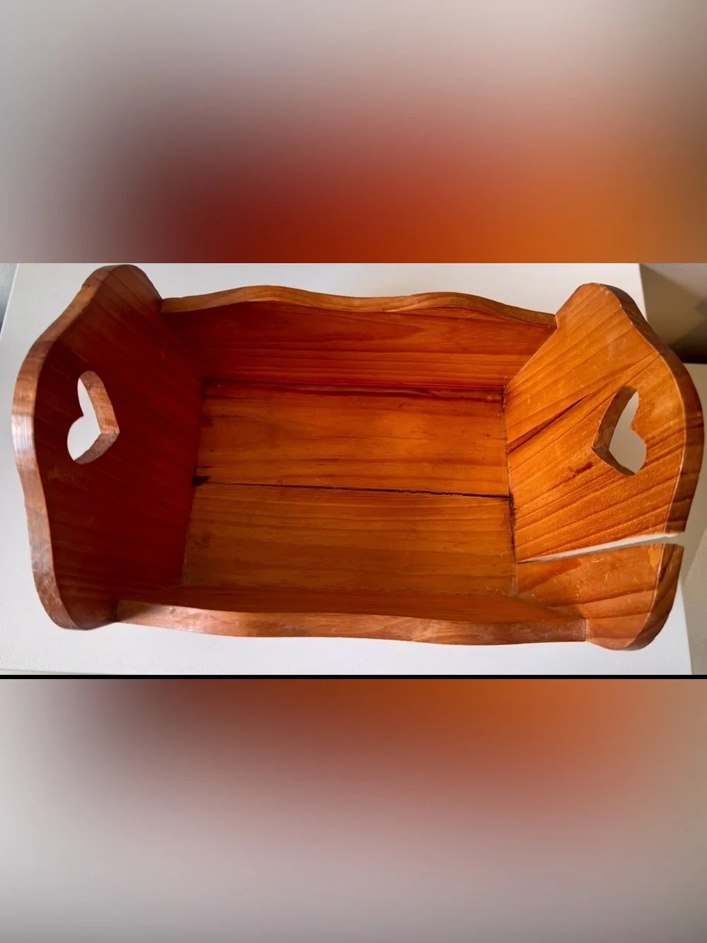 Vintage Handcrafted Wooden Flower Tray with Heart Cutouts - Natural Wood